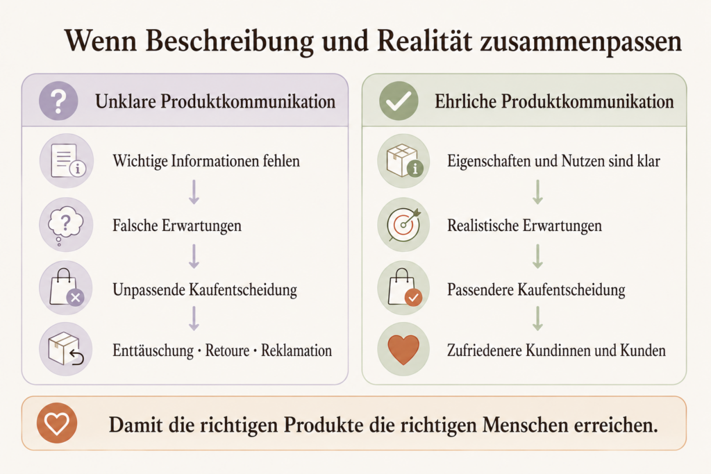Infografik: Unklare Produktkommunikation führt zu falschen Erwartungen und Enttäuschung, ehrliche Produktkommunikation zu realistischen Erwartungen und zufriedenen Kundinnen und Kunden